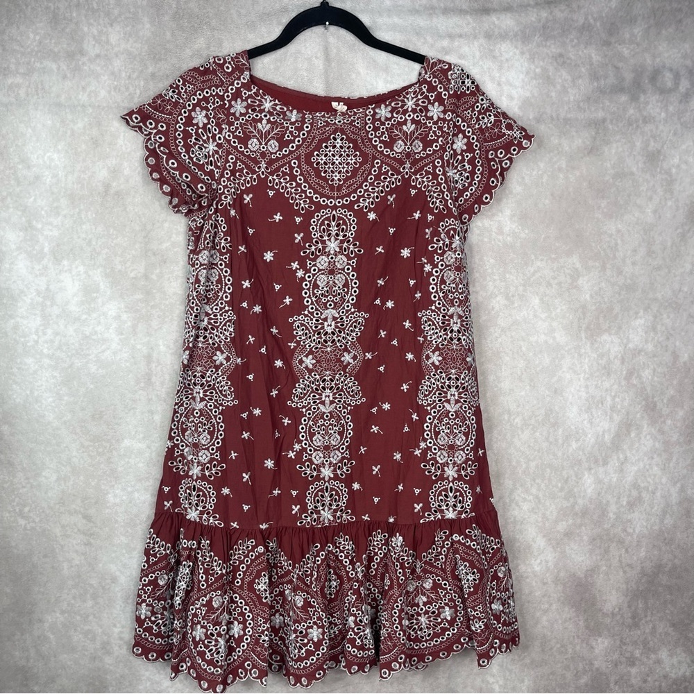 Feather Bone x Anthropologie Ynez Eyelet Embroidered Tunic Dress In Brown Sz XS